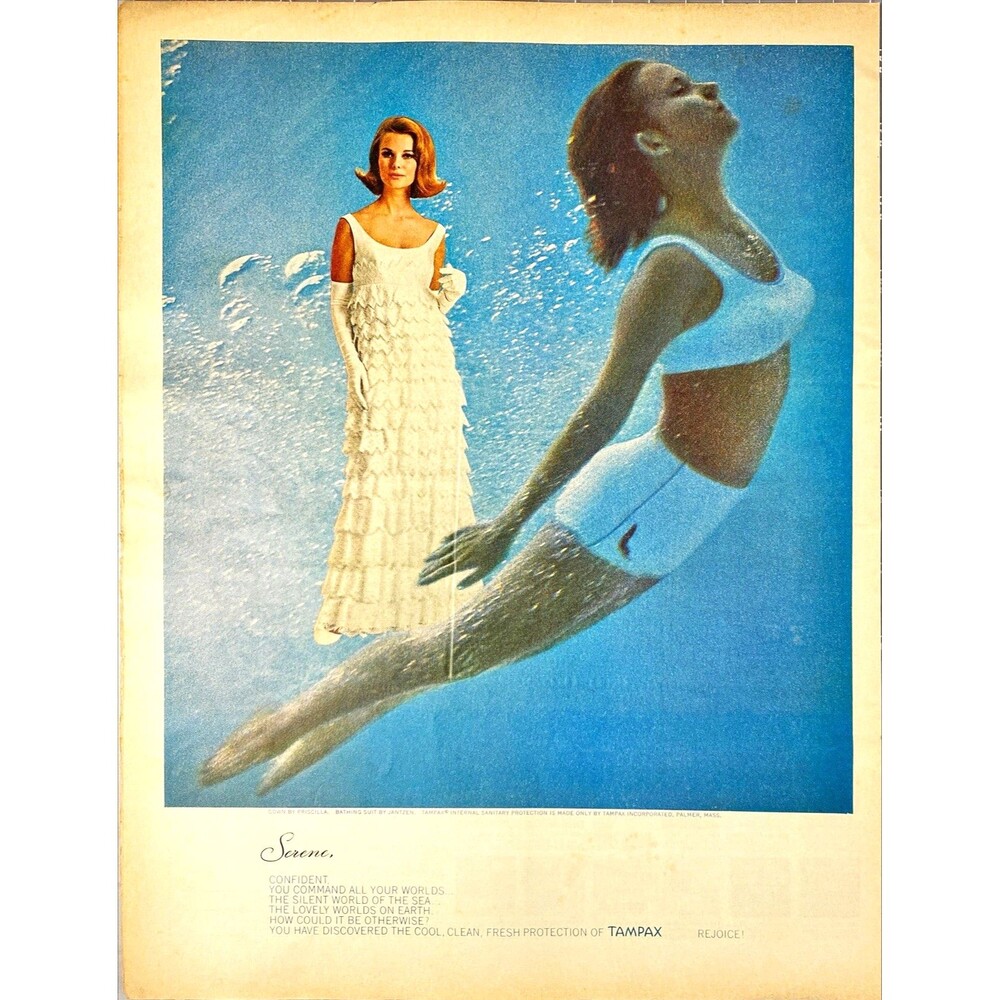 Tampax Sanitary Napkins "Serene, Confident in Command" Vtg Print Ad 1965